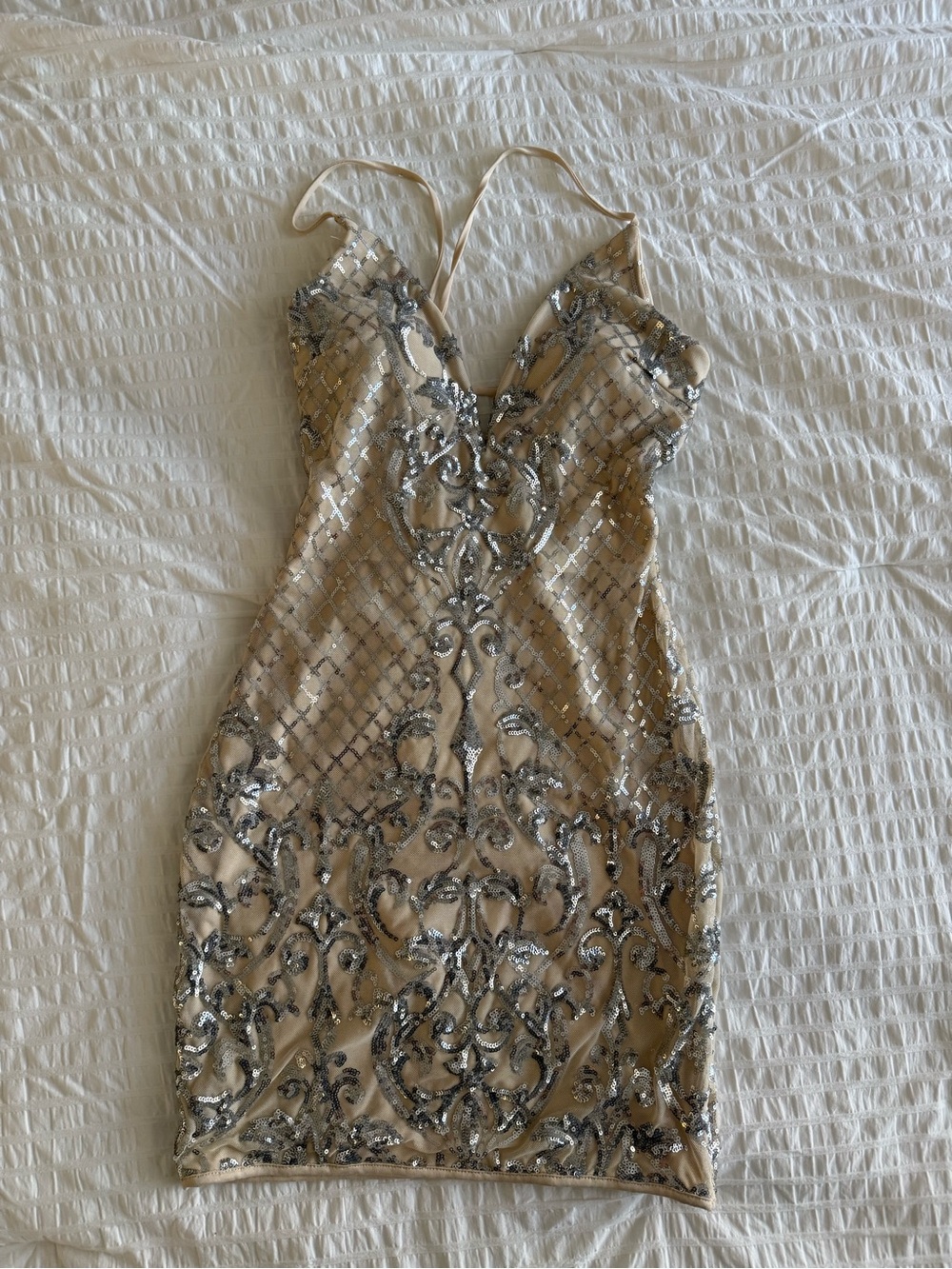 Windsor Starlit Lace-Up Sequin Mesh Mini Dress Beige & Silver Built-in Padding